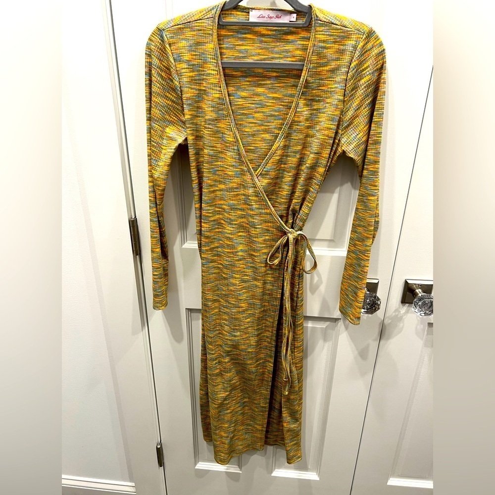Lisa Says Gah Multicolor Wrap Long Sleeve Wrap Dress Midi Size Medium